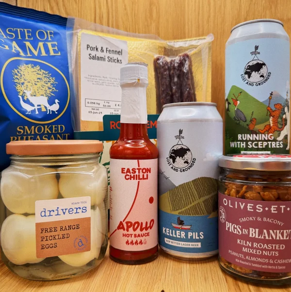 Beer and nibbles hamper inside
